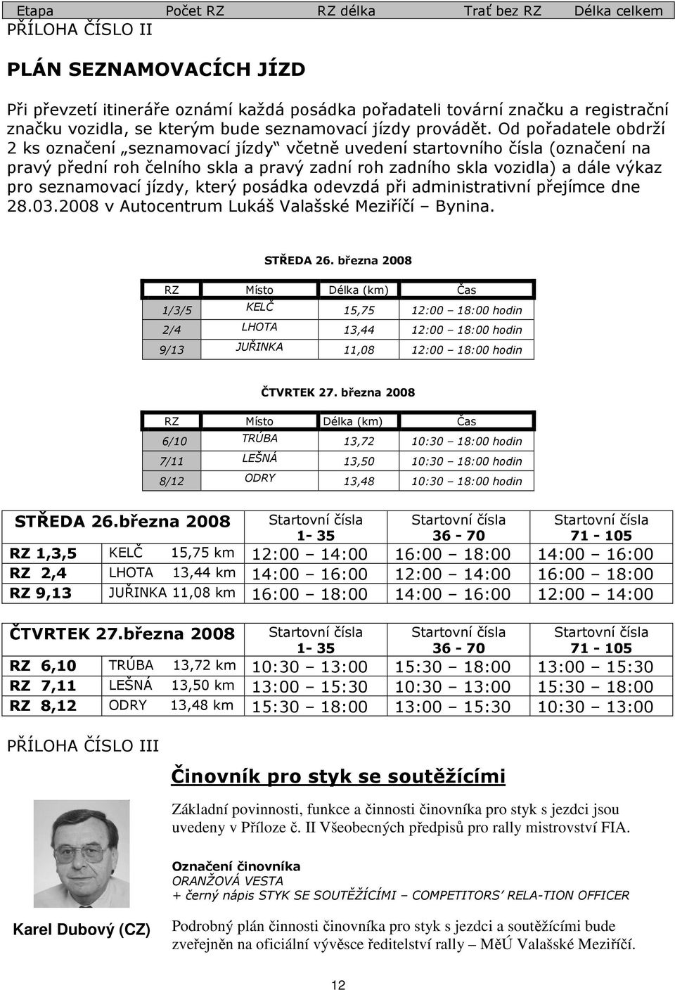 Od pořadatele obdrží 2 ks označení seznamovací jízdy včetně uvedení startovního čísla (označení na pravý přední roh čelního skla a pravý zadní roh zadního skla vozidla) a dále výkaz pro seznamovací