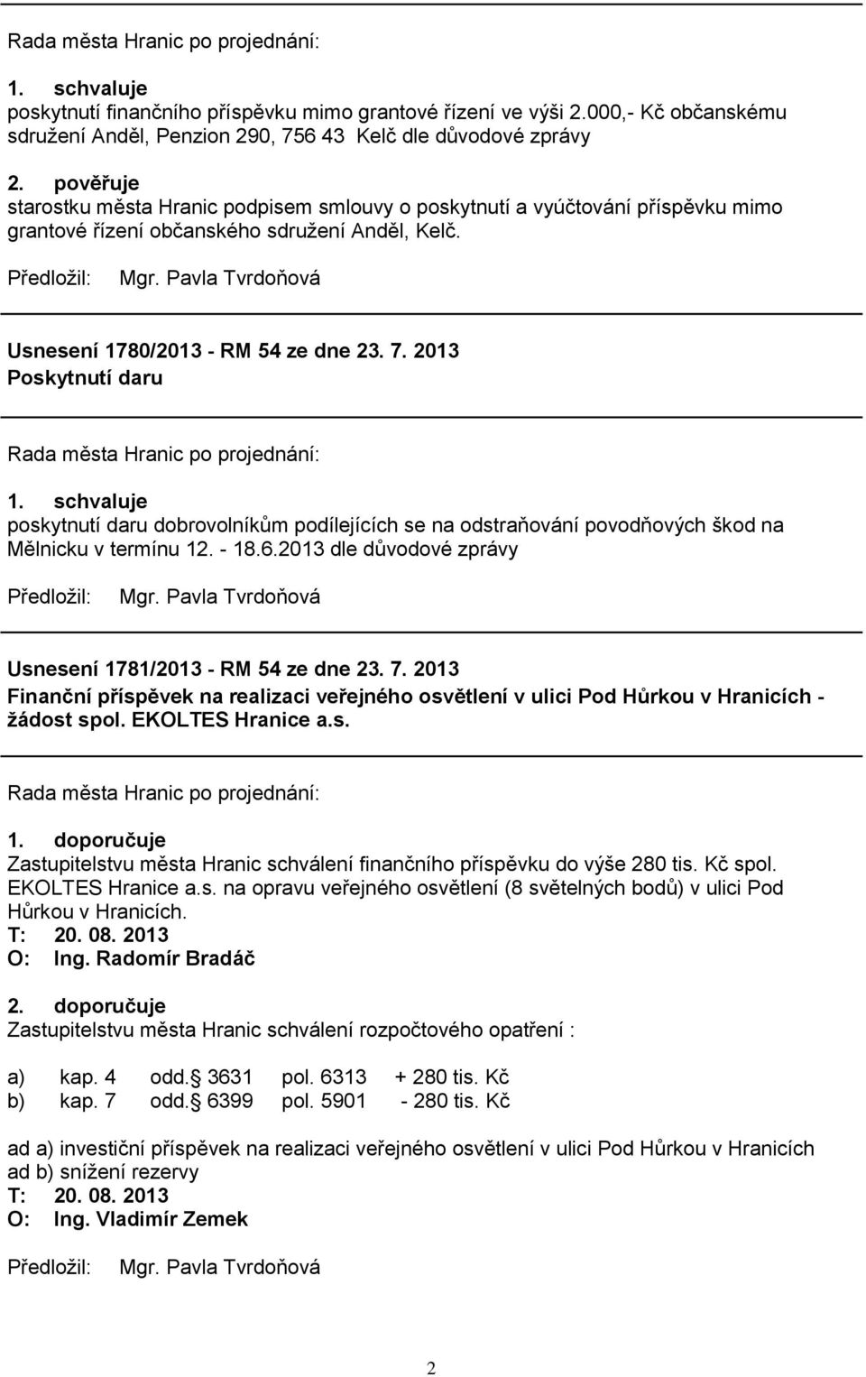 2013 Poskytnutí daru poskytnutí daru dobrovolníkům podílejících se na odstraňování povodňových škod na Mělnicku v termínu 12. - 18.6.2013 dle důvodové zprávy Usnesení 1781/2013 - RM 54 ze dne 23. 7.