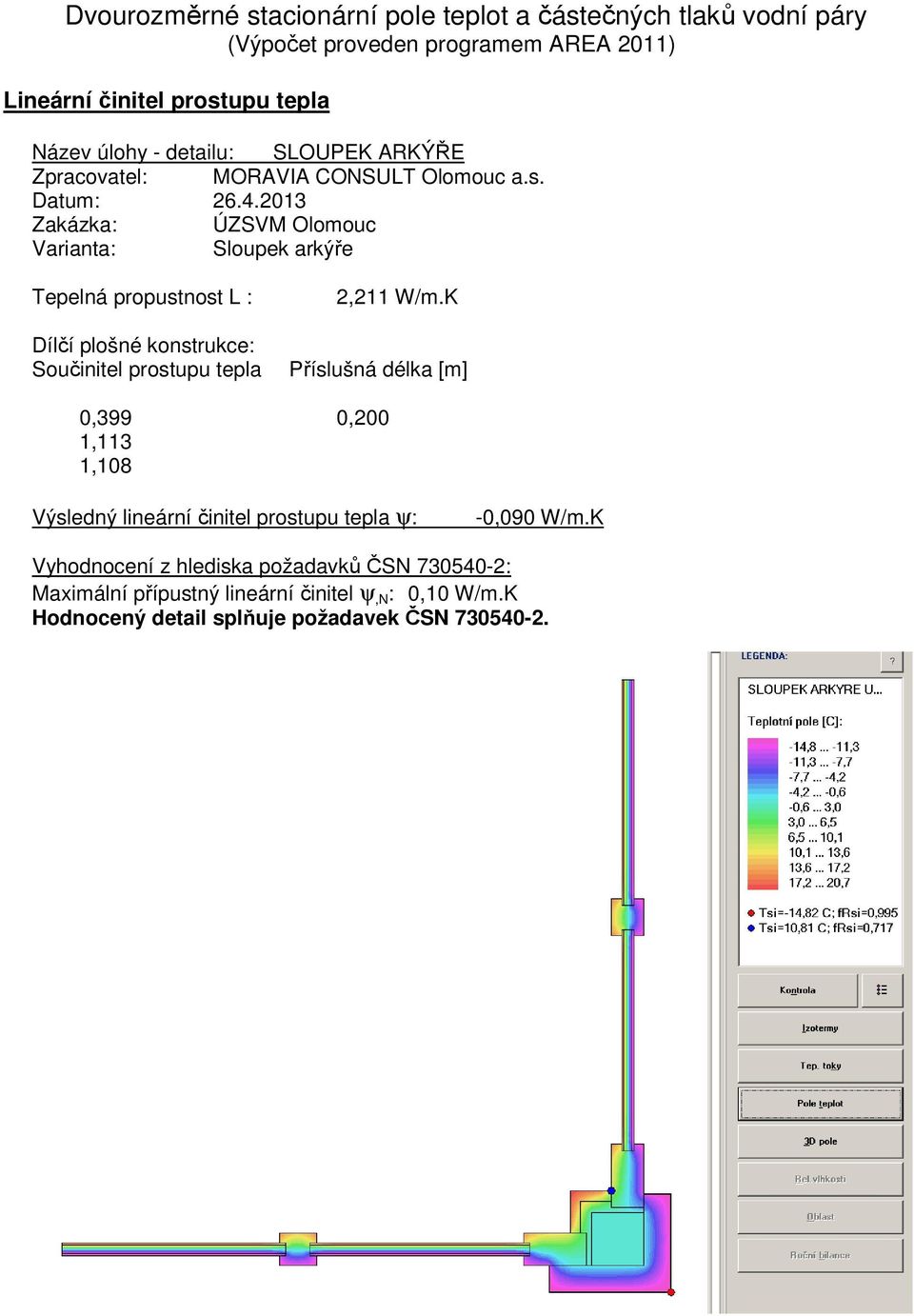 2013 Zakázka: ÚZSVM Olomouc Varianta: Sloupek arkýře Tepelná propustnost L : Dílčí plošné konstrukce: Součinitel prostupu tepla 2,211 W/m.