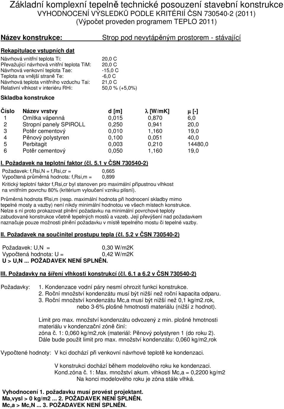 vnější straně Te: -6,0 C Návrhová teplota vnitřního vzduchu Tai: 21,0 C Relativní vlhkost v interiéru RHi: 50,0 % (+5,0%) Skladba konstrukce Číslo Název vrstvy d [m] λ [W/mK] µ [-] 1 Omítka vápenná