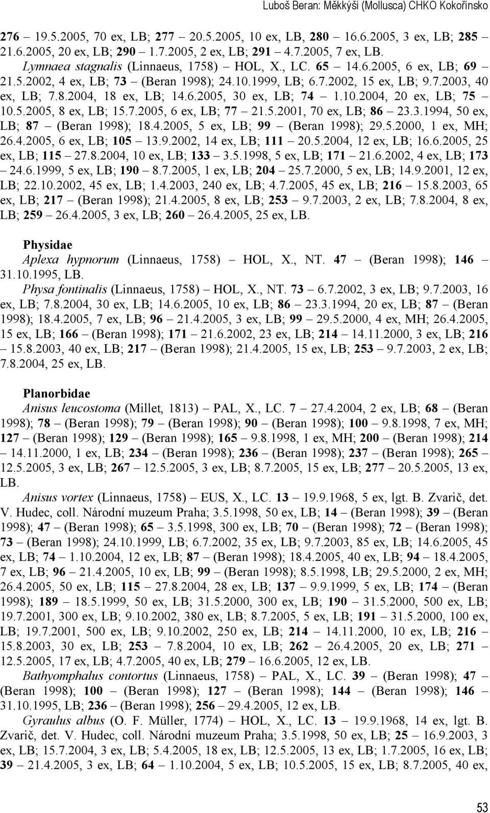 10.2004, 20 ex, LB; 75 10.5.2005, 8 ex, LB; 15.7.2005, 6 ex, LB; 77 21.5.2001, 70 ex, LB; 86 23.3.1994, 50 ex, LB; 87 (Beran 1998); 18.4.2005, 5 ex, LB; 99 (Beran 1998); 29.5.2000, 1 ex, MH; 26.4.2005, 6 ex, LB; 105 13.