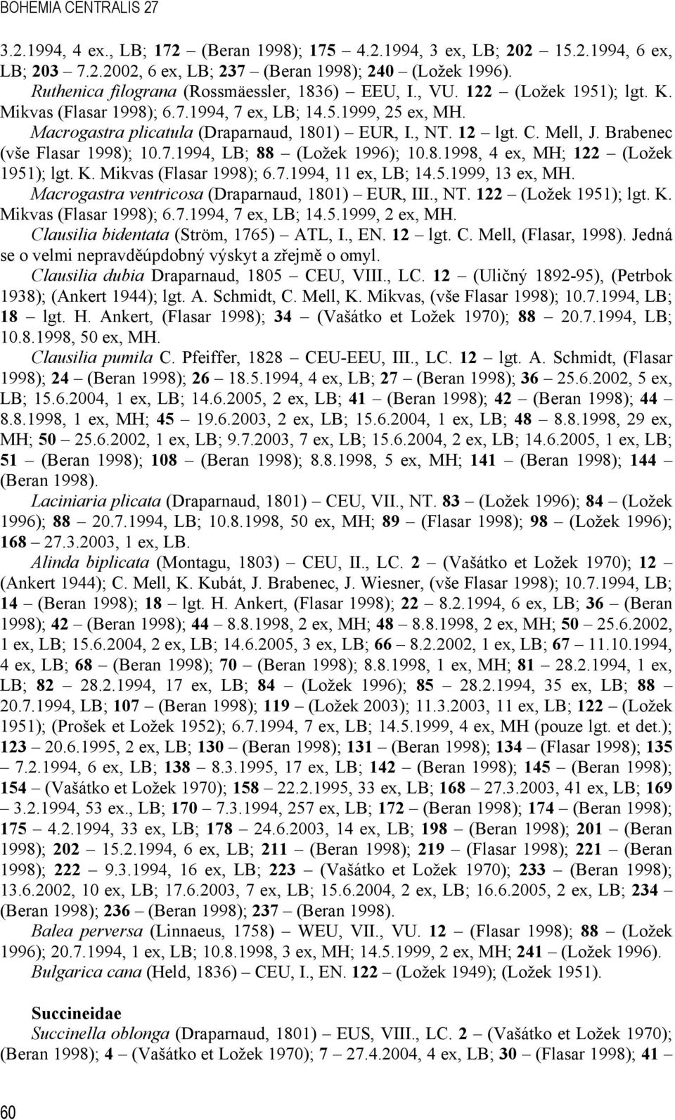 12 lgt. C. Mell, J. Brabenec (vše Flasar 1998); 10.7.1994, LB; 88 (Ložek 1996); 10.8.1998, 4 ex, MH; 122 (Ložek 1951); lgt. K. Mikvas (Flasar 1998); 6.7.1994, 11 ex, LB; 14.5.1999, 13 ex, MH.