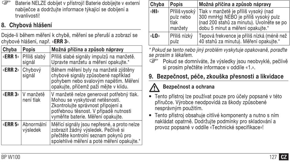 Chyba Popis Možná příčina a způsob nápravy «ERR 1» «ERR 2» «ERR 3» «ERR 5» Příliš slabý signál Chybový signál V manžetě není tlak Abnormální výsledek Příliš slabé signály impulzů na manžetě.