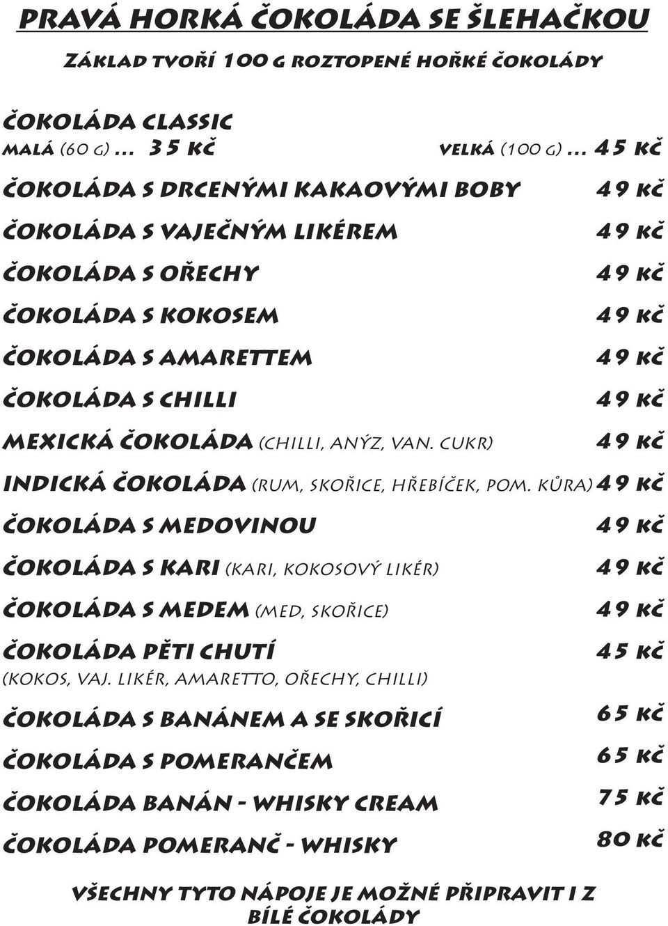 KŮRA) ČOKOLÁDA S MEDOVINOU ČOKOLÁDA S KARI (KARI, KOKOSOVÝ LIKÉR) ČOKOLÁDA S MEDEM (MED, SKOŘICE) ČOKOLÁDA PĚTI CHUTÍ (KOKOS, VAJ.