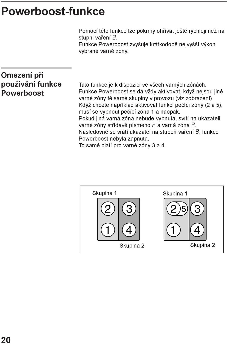 Funkce Powerboost se dá vždy aktivovat, když nejsou jiné varné zóny té samé skupiny v provozu (viz zobrazení) Když chcete například aktivovat funkci pečící zóny (2 a 5), musí se