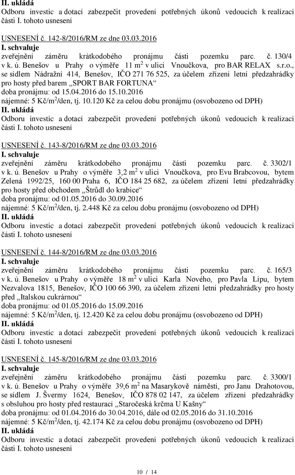 ú. Benešov u Prahy o výměře 3,2 m 2 v ulici Vnoučkova, pro Evu Brabcovou, bytem Zelená 1992/25, 160 00 Praha 6, IČO 184 25 682, za účelem zřízení letní předzahrádky pro hosty před obchodem Štrůdl do