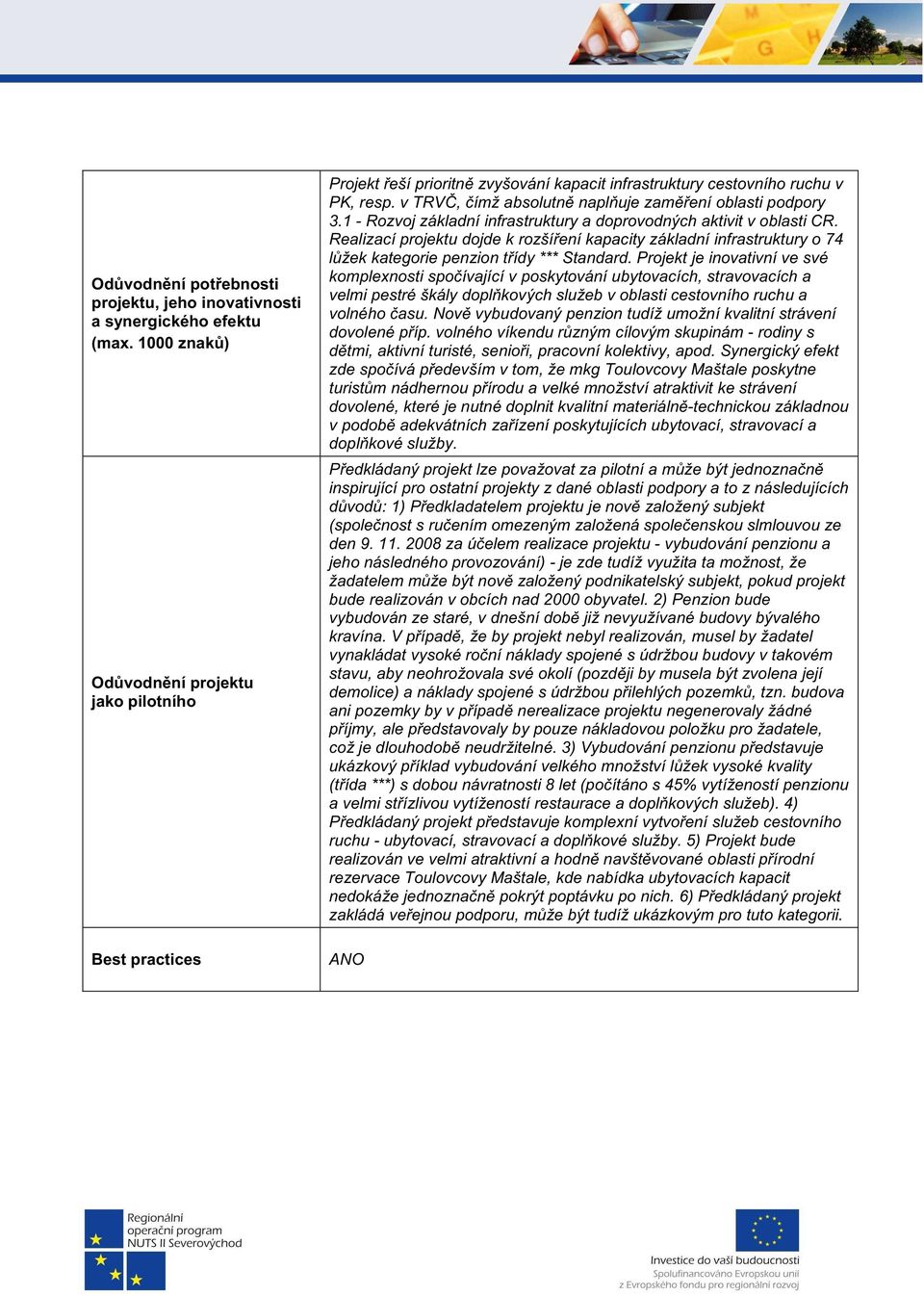 1 - Rozvoj základní infrastruktury a doprovodných aktivit v oblasti CR. Realizací projektu dojde k rozšíení kapacity základní infrastruktury o 74 lžek kategorie penzion tídy *** Standard.