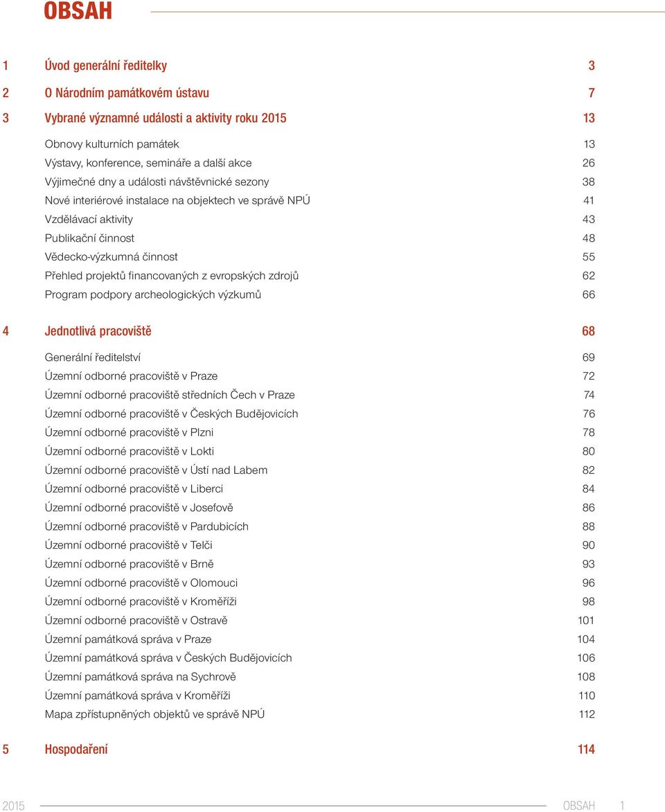 nancovaných z evropských zdrojů 62 Program podpory archeologických výzkumů 66 4 Jednotlivá pracoviště 68 Generální ředitelství 69 Územní odborné pracoviště v Praze 72 Územní odborné pracoviště