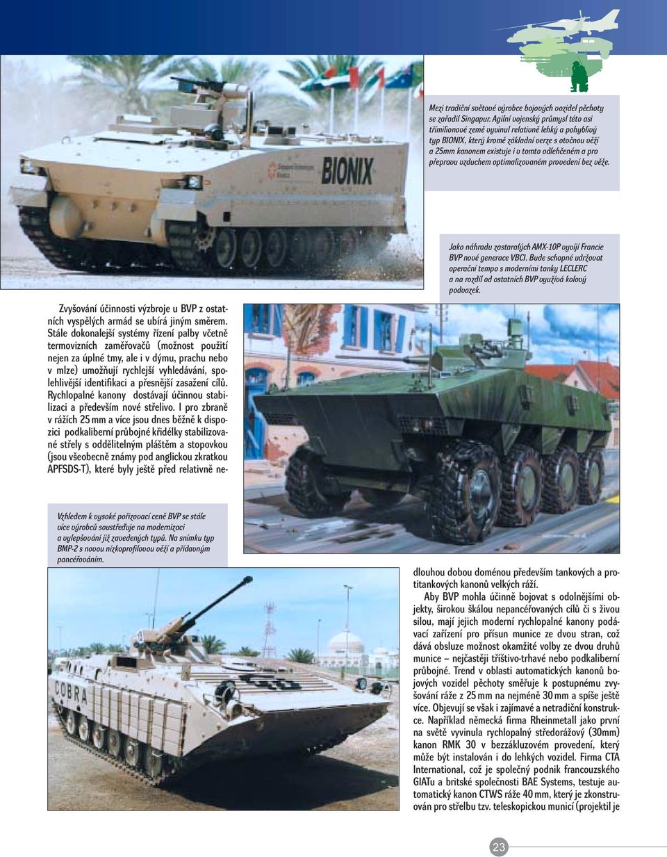 přepravu vzduchem optimalizovaném provedení bez věže. Jako náhradu zastaralých AMX-10P vyvíjí Francie BVP nové generace VBCI.