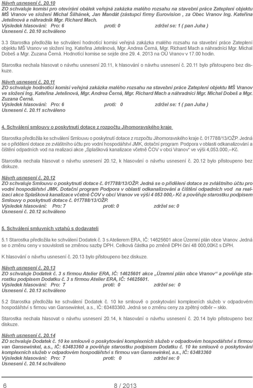 Vranov Ing. Kateřina Jetelinová a náhradník Mgr. Richard Mach. Výsledek hlasování: Pro: 6 proti: 0 zdržel se: 1 ( pan Juha ) Usnesení č. 20.10 schváleno 3.
