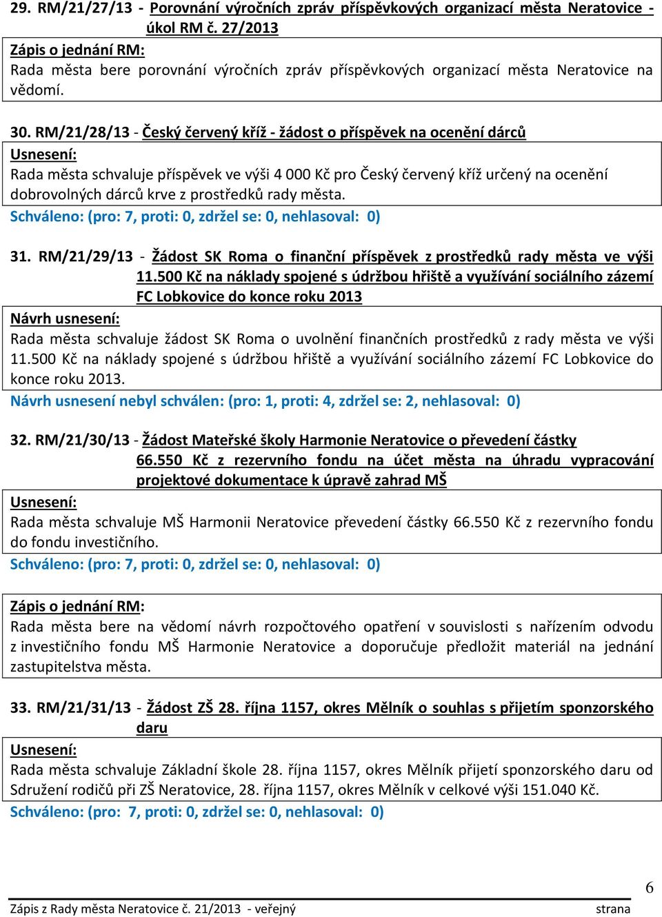 RM/21/28/13 - Český červený kříž - žádost o příspěvek na ocenění dárců Rada města schvaluje příspěvek ve výši 4 000 Kč pro Český červený kříž určený na ocenění dobrovolných dárců krve z prostředků