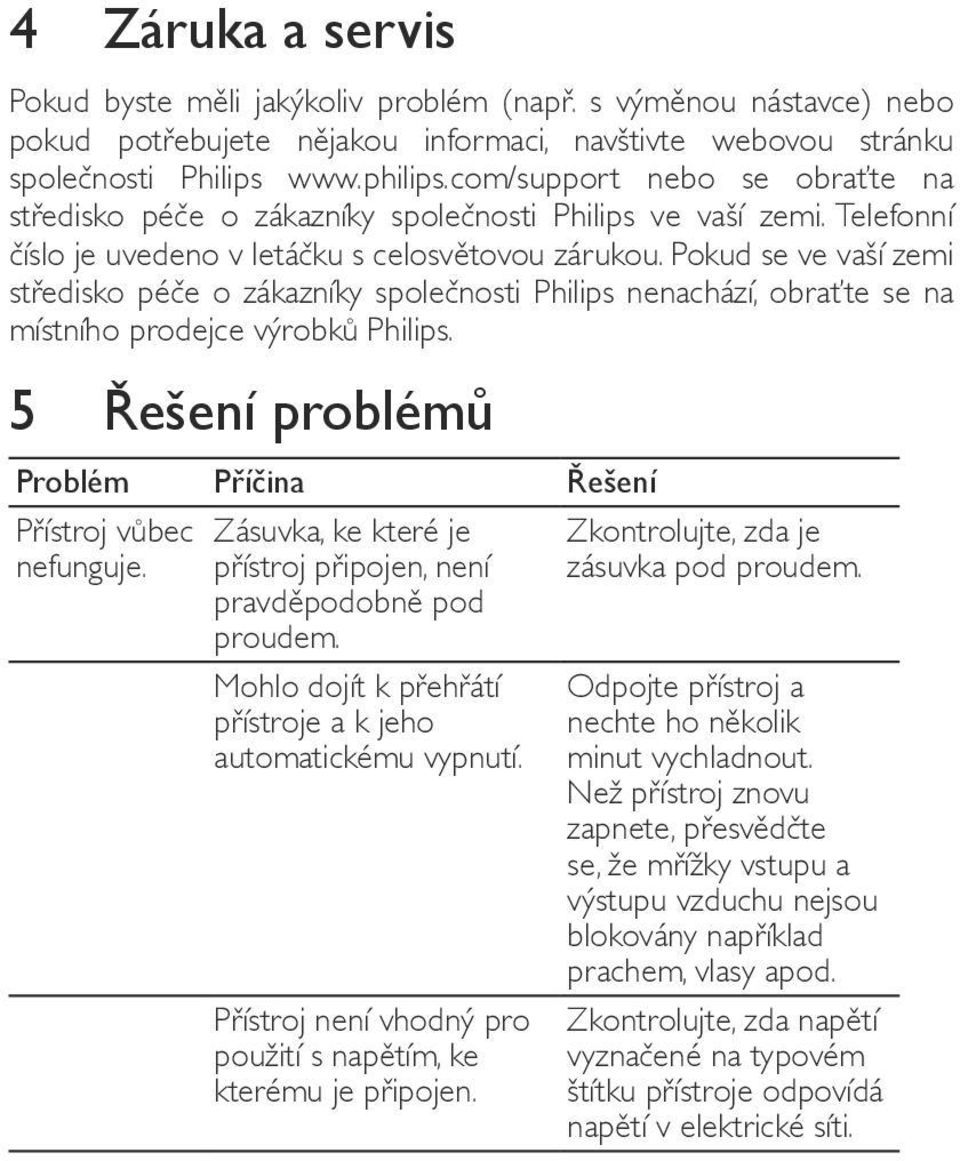 Pokud se ve vaší zemi středisko péče o zákazníky společnosti Philips nenachází, obraťte se na místního prodejce výrobků Philips. 5 Řešení problémů Problém Příčina Řešení Přístroj vůbec nefunguje.