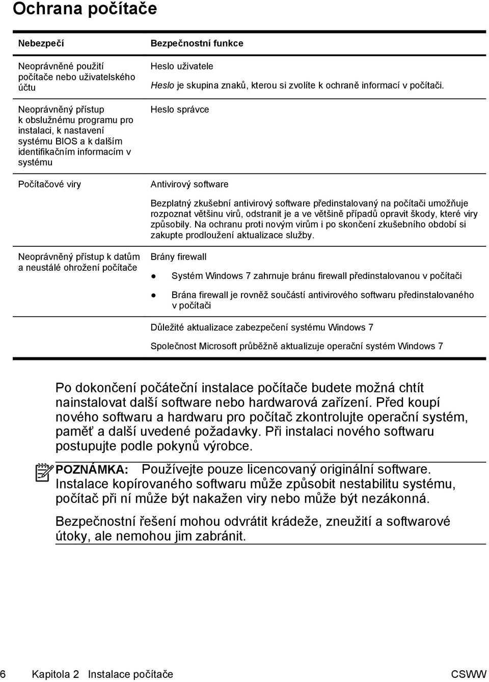 Heslo správce Antivirový software Bezplatný zkušební antivirový software předinstalovaný na počítači umožňuje rozpoznat většinu virů, odstranit je a ve většině případů opravit škody, které viry