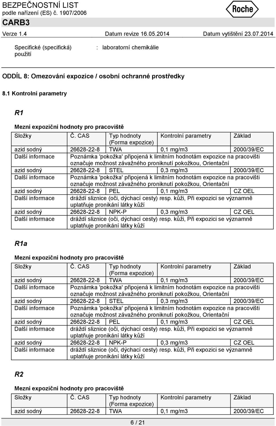 označuje moţnost závaţného proniknutí pokoţkou, Orientační azid sodný 26628-22-8 STEL 0,3 mg/m3 2000/39/EC Další informace Poznámka 'pokoţka' připojená k limitním hodnotám expozice na pracovišti