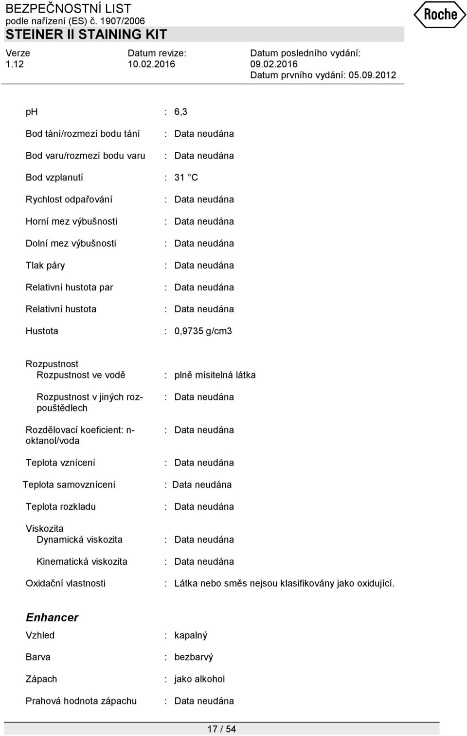 n- oktanol/voda Teplota vznícení Teplota samovznícení Teplota rozkladu Viskozita Dynamická viskozita Kinematická viskozita Oxidační vlastnosti : plně