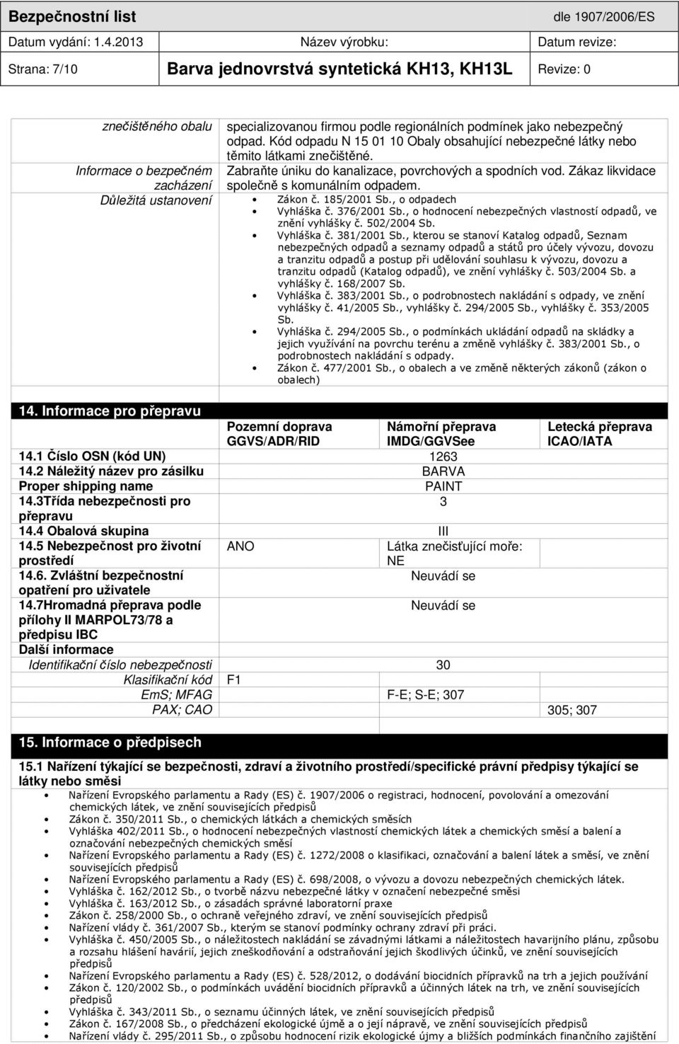 Zákaz likvidace společně s komunálním odpadem. Důležitá ustanovení Zákon č. 185/2001 Sb., o odpadech Vyhláška č. 376/2001 Sb., o hodnocení nebezpečných vlastností odpadů, ve znění vyhlášky č.