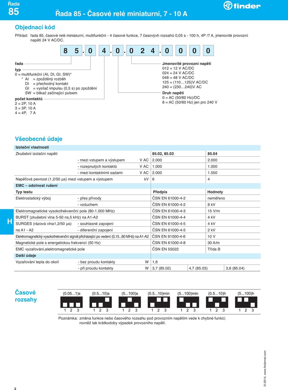 0 0 0 0 řada typ 0 = multifunkční (AI, DI, GI, SW)* * AI = zpožděný rozběh DI = přechodný kontakt GI = vysílač impulsu (0,5 s) po zpoždění SW = blikač začínající pulsem počet kontaktů 2 = 2P, 10 A 3