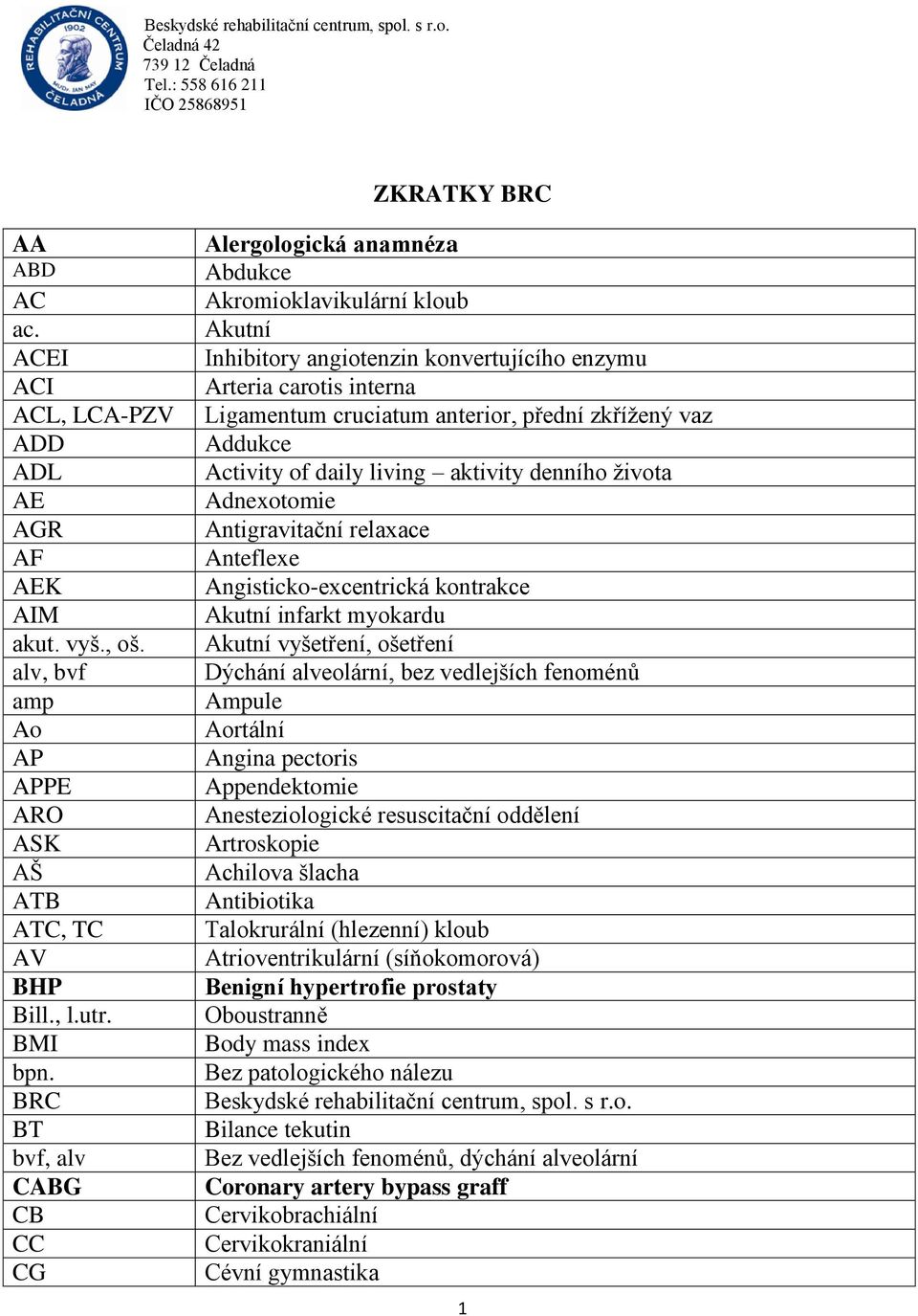 přední zkřížený vaz Addukce Activity of daily living aktivity denního života Adnexotomie Antigravitační relaxace Anteflexe Angisticko-excentrická kontrakce Akutní infarkt myokardu Akutní vyšetření,