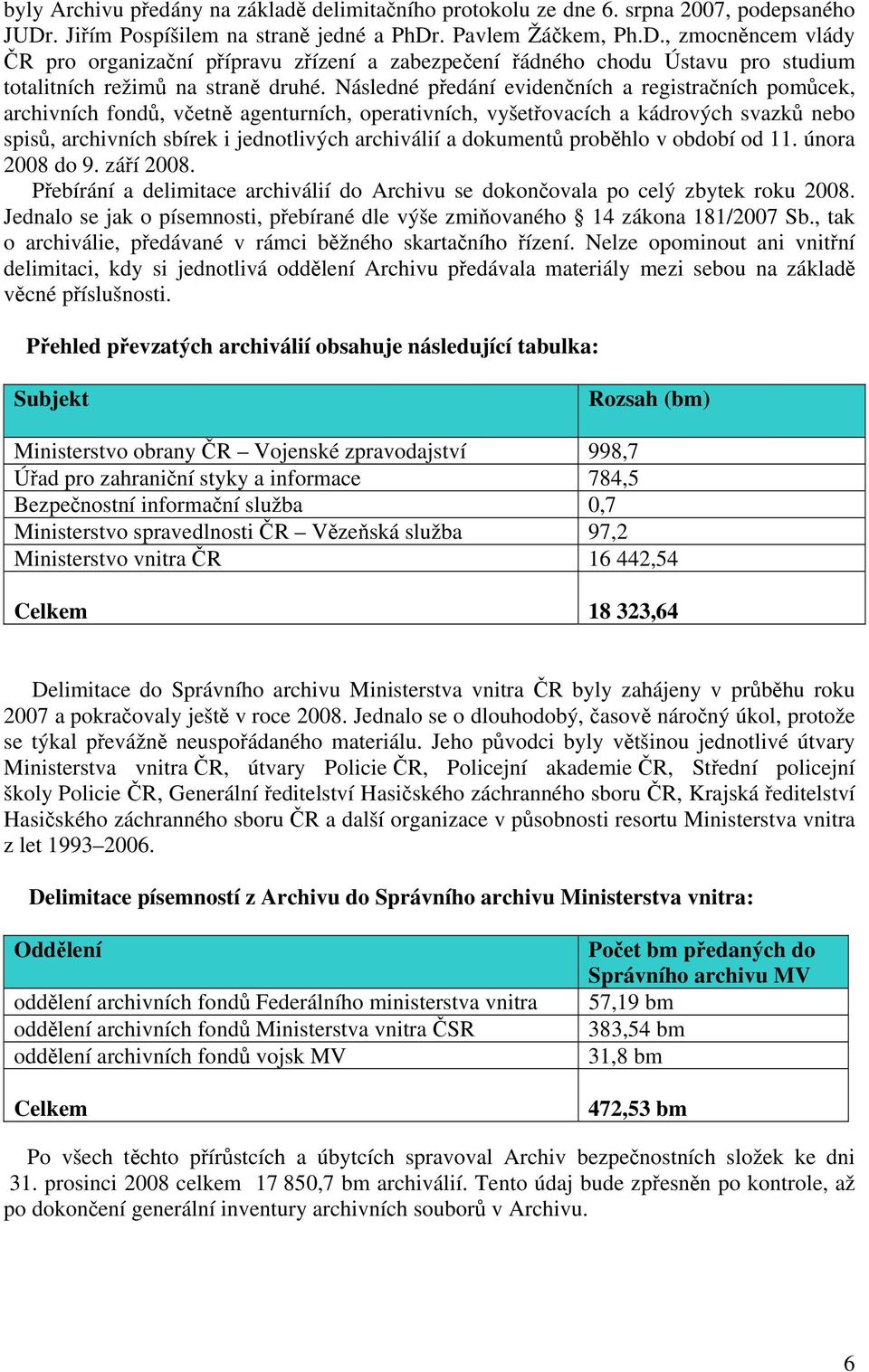 Následné předání evidenčních a registračních pomůcek, archivních fondů, včetně agenturních, operativních, vyšetřovacích a kádrových svazků nebo spisů, archivních sbírek i jednotlivých archiválií a