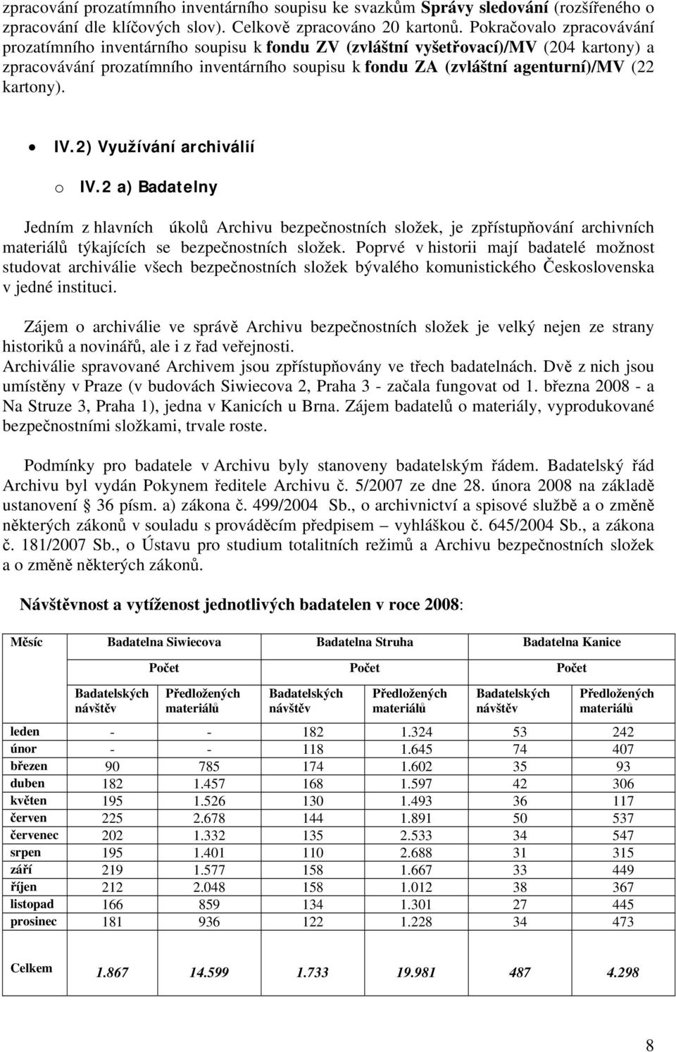 kartony). IV.2) Využívání archiválií o IV.2 a) Badatelny Jedním z hlavních úkolů Archivu bezpečnostních složek, je zpřístupňování archivních materiálů týkajících se bezpečnostních složek.