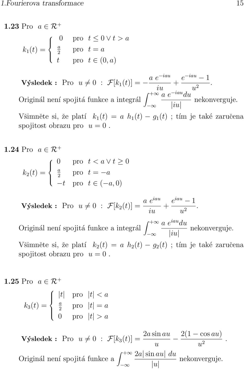 Výsledek : Pro u : F[k (t)] = a eiau iu + eiau u Originál není spojitá funkce a integrál a e iau du iu nekonverguje Všimněte si, že platí k (t) = a h (t) g (t) ; tím je také zaručena