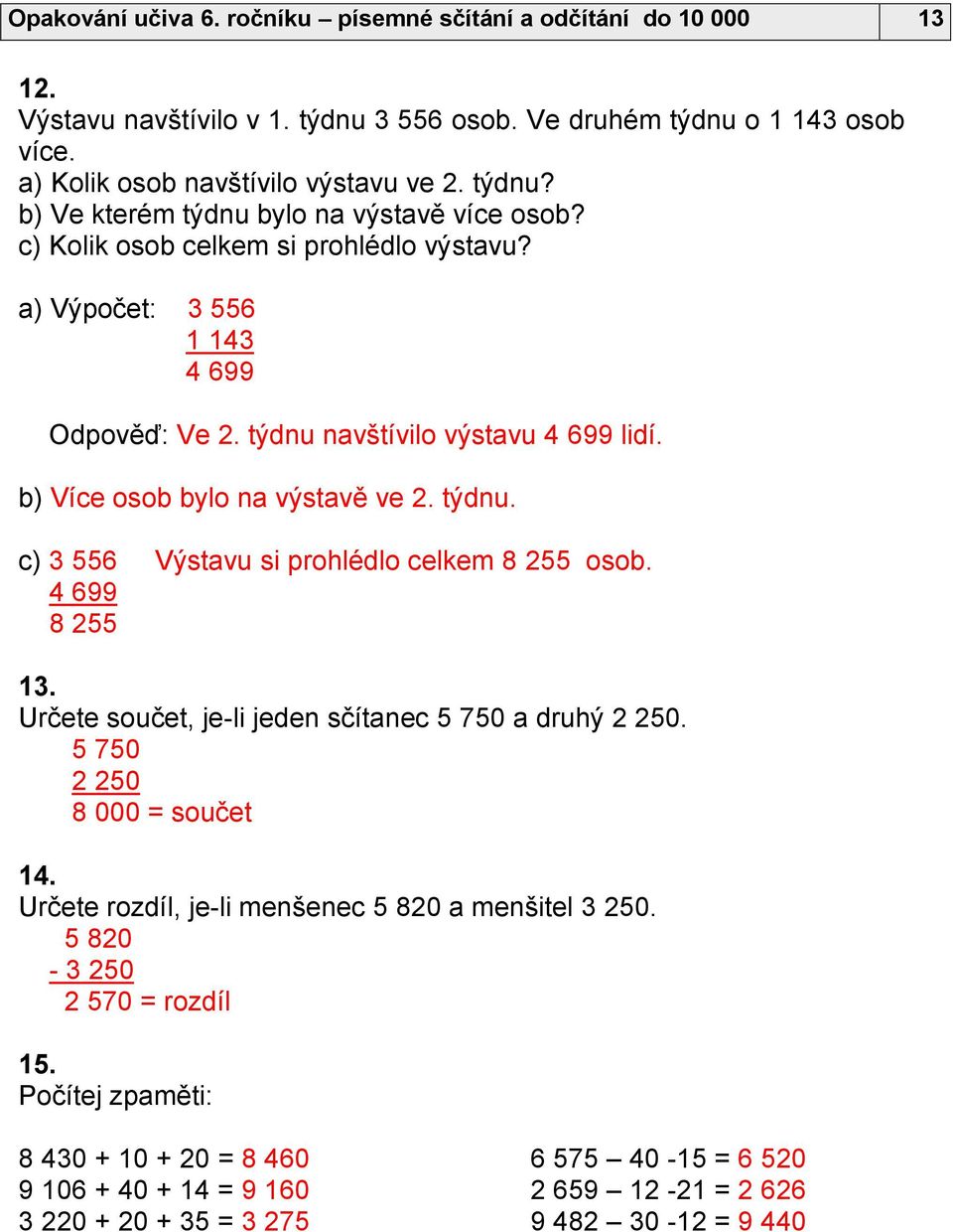 4 699 8 255 13. Určete součet, je-li jeden sčítanec 5 750 a druhý 2 250. 5 750 2 250 8 000 = součet 14. Určete rozdíl, je-li menšenec 5 820 a menšitel 3 250. 5 820-3 250 2 570 = rozdíl 15.