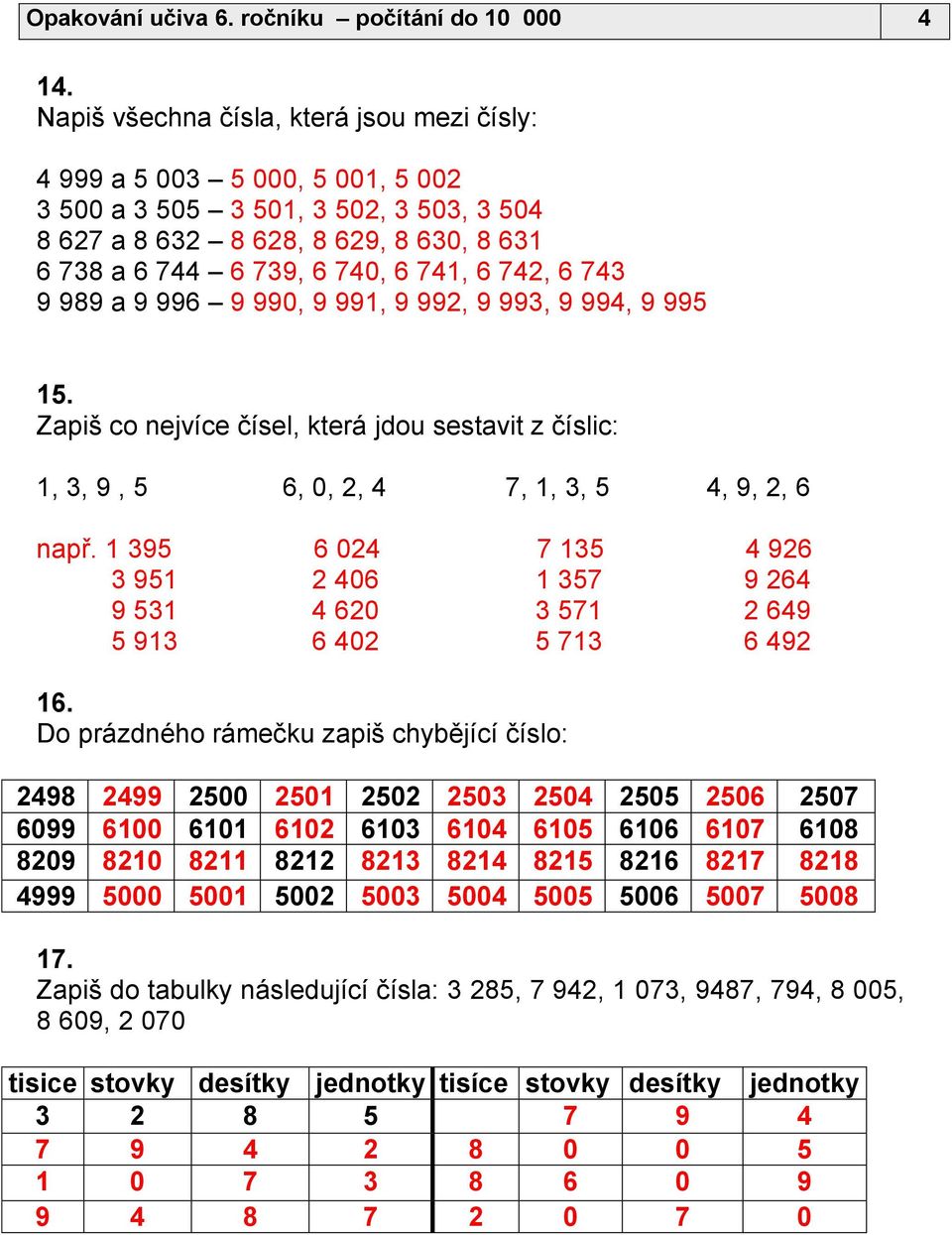 742, 6 743 9 989 a 9 996 9 990, 9 991, 9 992, 9 993, 9 994, 9 995 15. Zapiš co nejvíce čísel, která jdou sestavit z číslic: 1, 3, 9, 5 6, 0, 2, 4 7, 1, 3, 5 4, 9, 2, 6 např.