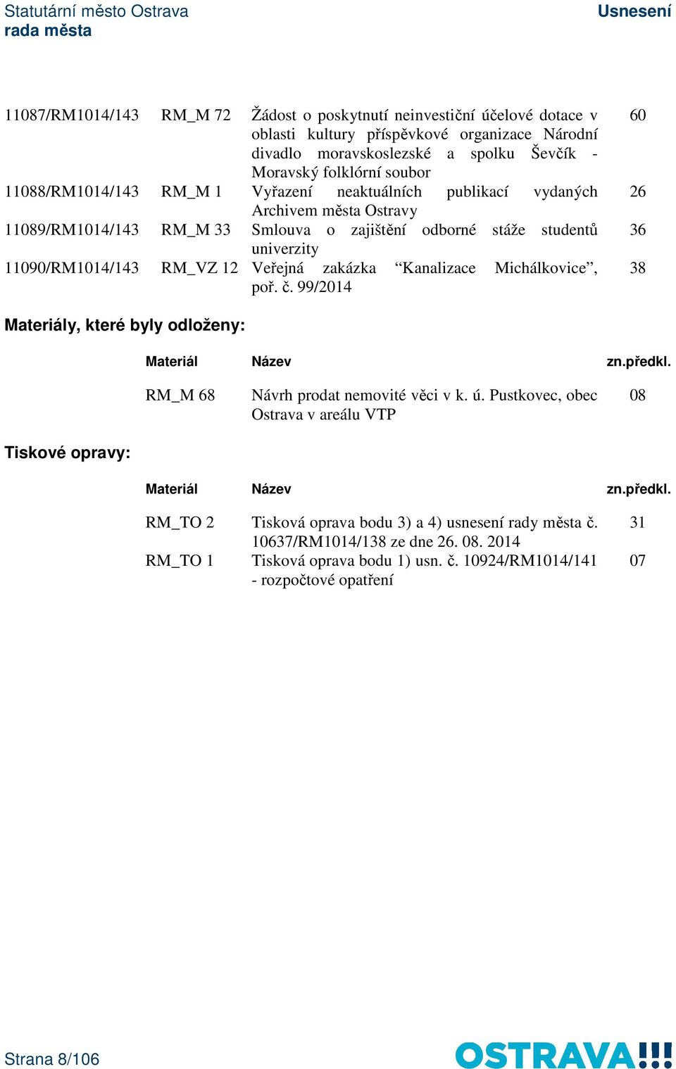 Veřejná zakázka Kanalizace Michálkovice, poř. č. 99/2014 60 26 36 38 Materiály, které byly odloženy: Materiál Název zn.předkl. RM_M 68 Návrh prodat nemovité věci v k. ú.