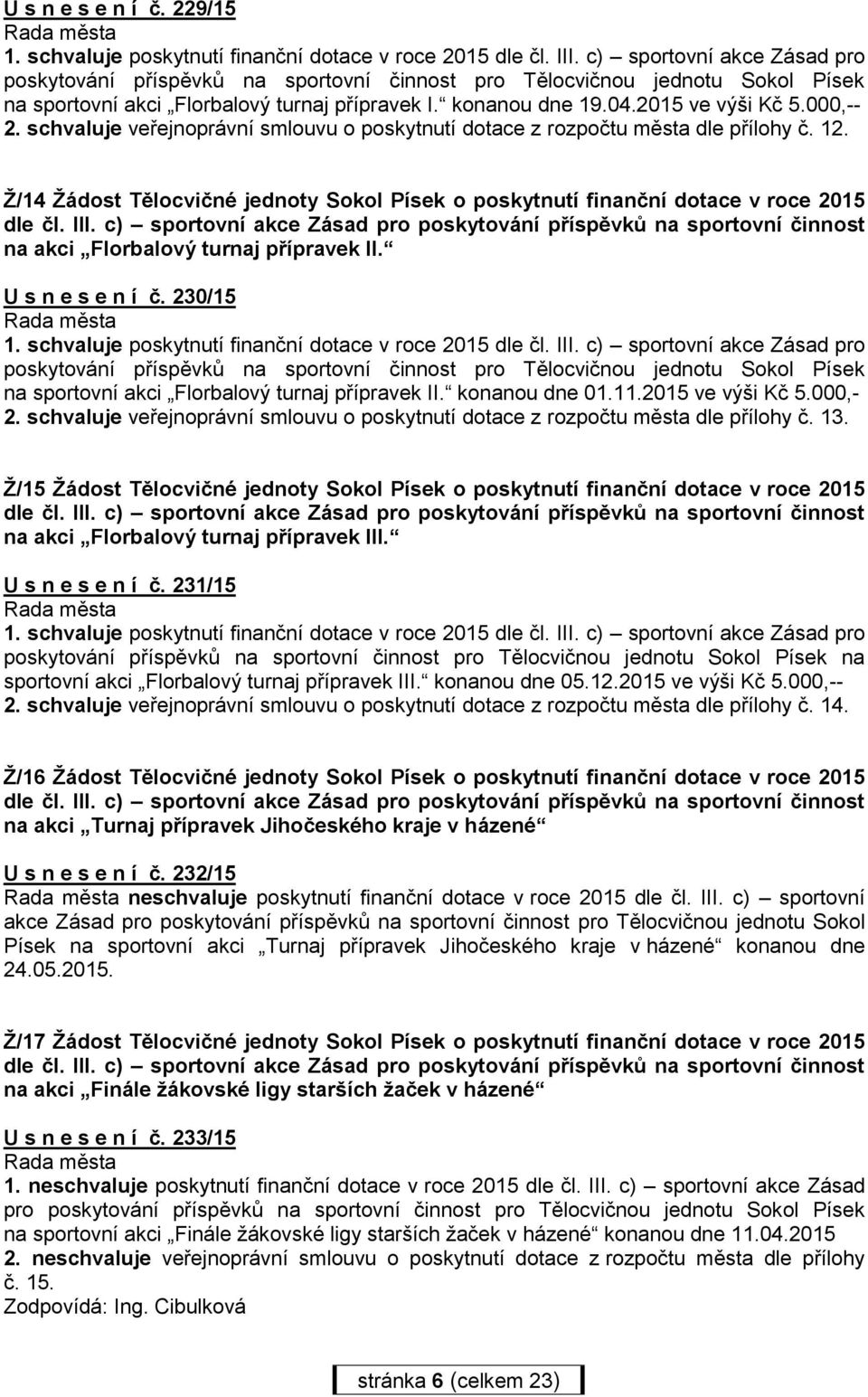 000,-- 2. schvaluje veřejnoprávní smlouvu o poskytnutí dotace z rozpočtu města dle přílohy č. 12. Ž/14 Žádost Tělocvičné jednoty Sokol Písek o poskytnutí finanční dotace v roce 2015 dle čl. III.