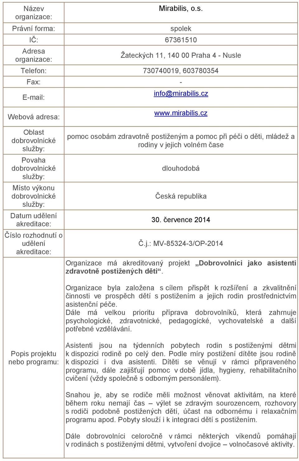 jich volném čase Česká republika 30. července 2014 Č.j.: MV-85324-3/OP-2014 Organizace má akreditovaný projekt Dobrovolníci jako asistenti zdravotně postižených dětí.