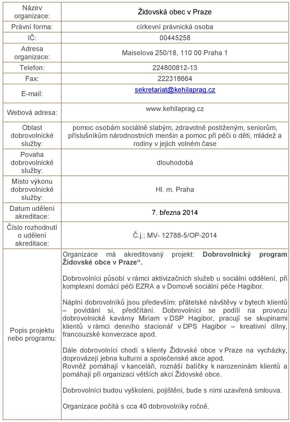 března 2014 Č.j.: MV- 12788-5/OP-2014 Organizace má akreditovaný projekt: Dobrovolnický program Židovské obce v Praze.