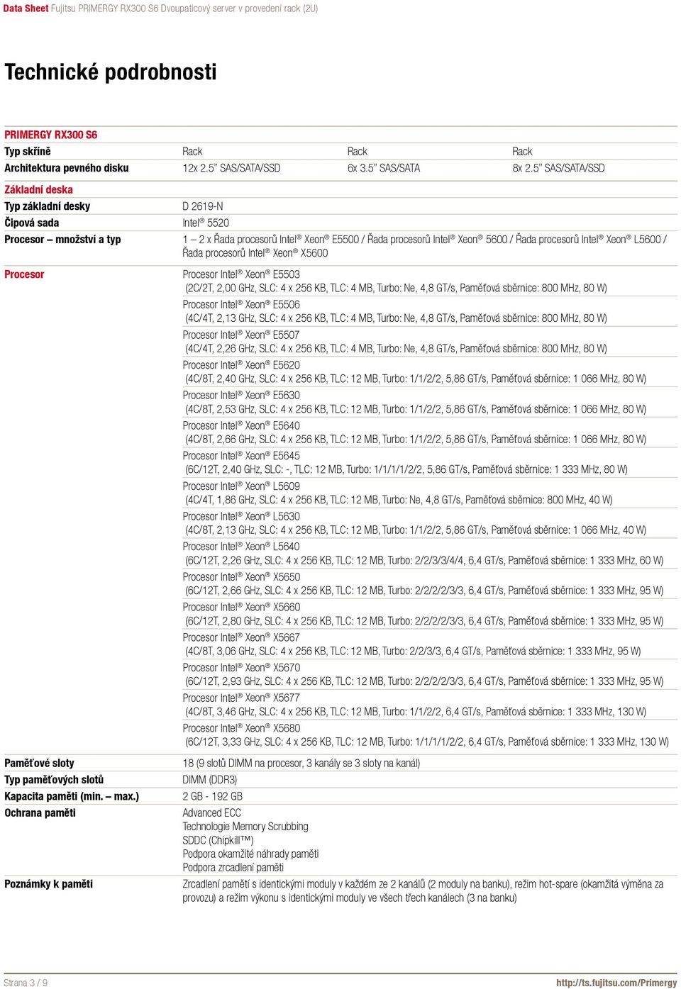 Xeon L5600 / Řada procesorů Intel Xeon X5600 Procesor Paměťové sloty Typ paměťových slotů Kapacita paměti (min. max.