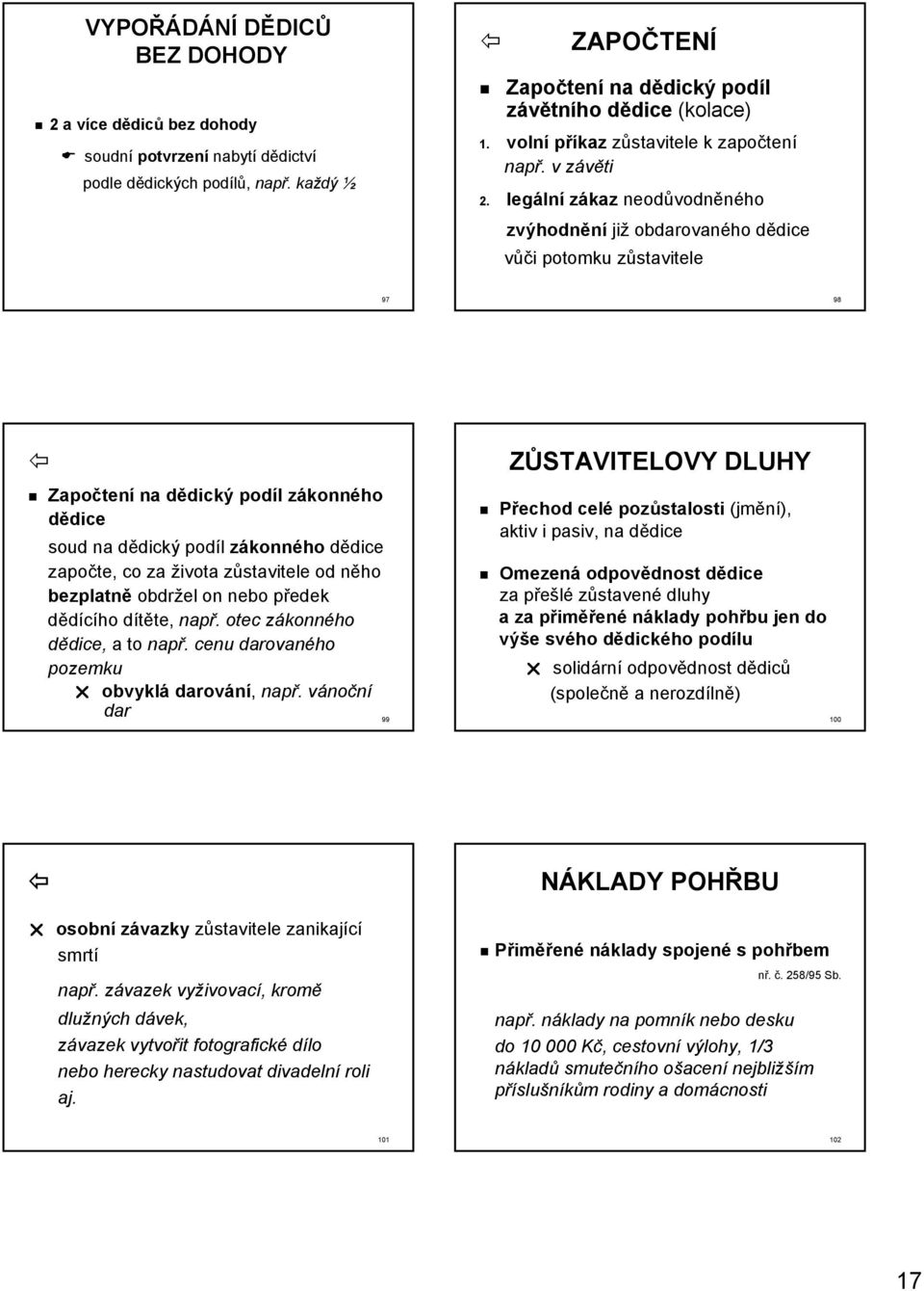 legální zákaz neodůvodněného zvýhodnění již obdarovaného dědice vůči potomku zůstavitele 97 98 Započtení na dědický podíl zákonného dědice soud na dědický podíl zákonného dědice započte, co za života