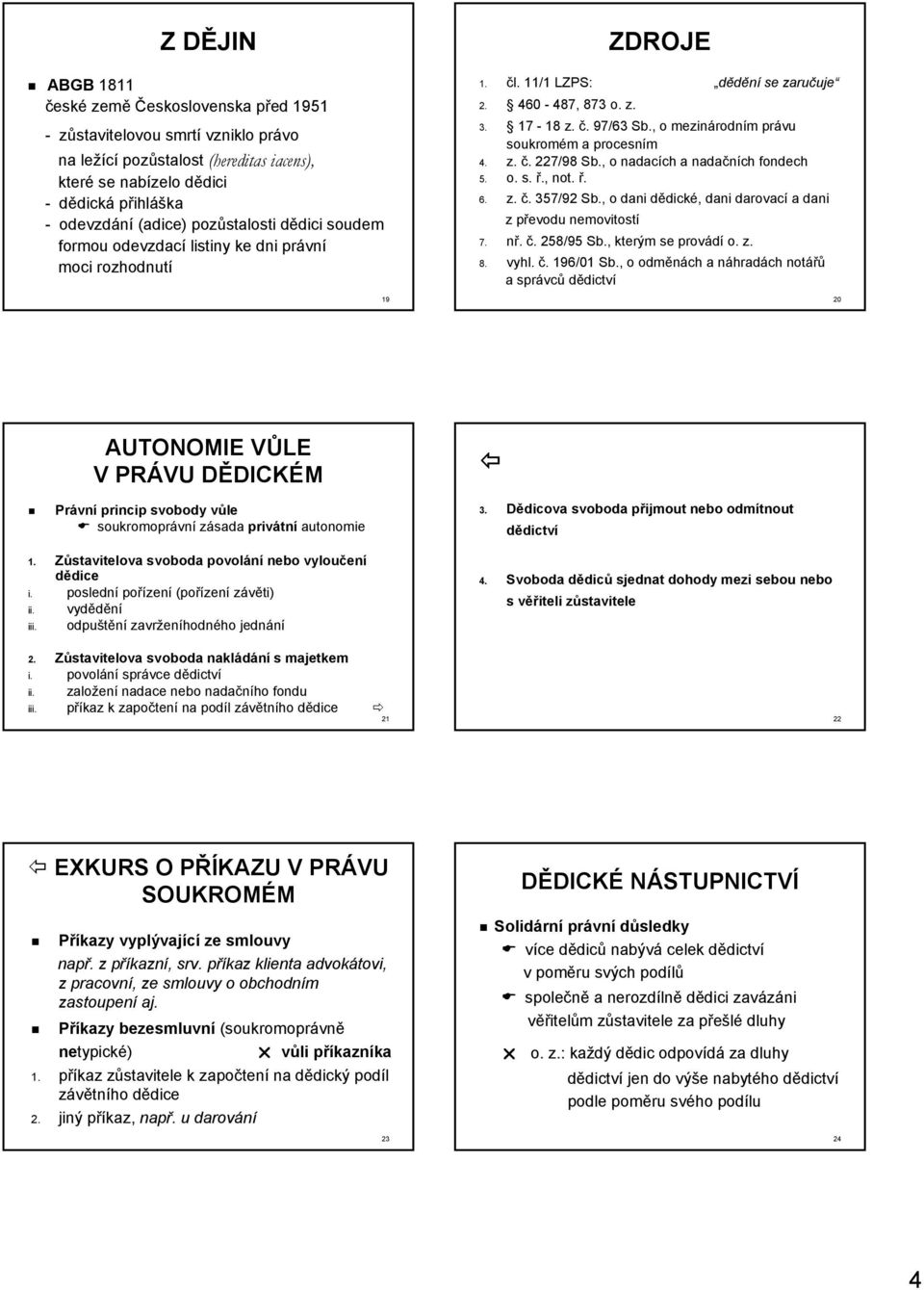 , o mezinárodním právu soukromém a procesním 4. z. č. 227/98 Sb., o nadacích a nadačních fondech 5. o. s. ř., not. ř. 6. z. č. 357/92 Sb., o dani dědické, dani darovací a dani z převodu nemovitostí 7.