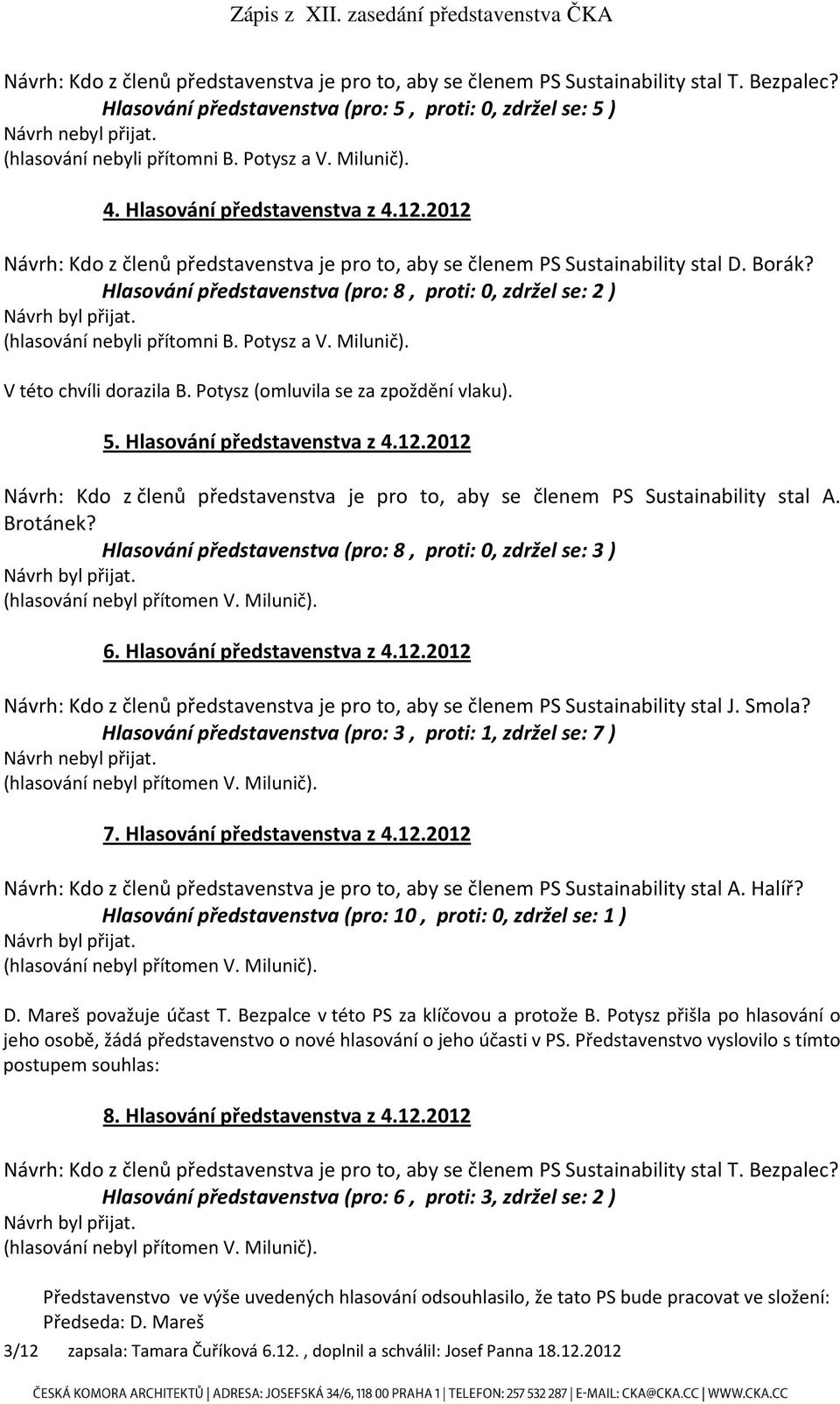 Hlasování představenstva (pro: 8, proti: 0, zdržel se: 2 ) (hlasování nebyli přítomni B. Potysz a V. Milunič). V této chvíli dorazila B. Potysz (omluvila se za zpoždění vlaku). 5.