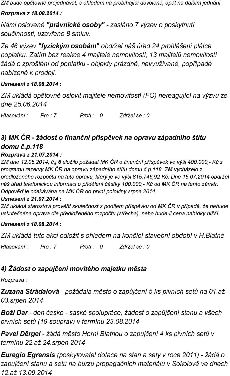 Zatím bez reakce 4 majitelé nemovitostí, 13 majitelů nemovitostí žádá o zproštění od poplatku - objekty prázdné, nevyužívané, popřípadě nabízené k prodeji. Usnesení z 18.08.