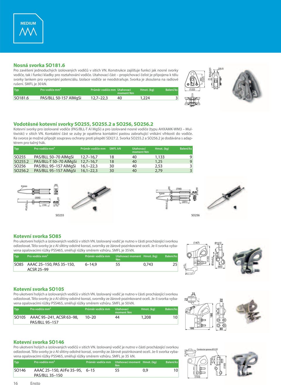 Typ Pro vodiče mm² Průměr vodiče mm Utahovací moment Nm Hmot. (kg) Balení/ks SO181.6 PAS/BLL 50-157 AlMgSi 12,7 22,3 40 1,224 3 Vodotěsné kotevní svorky SO255, SO255.2 a SO256, SO256.