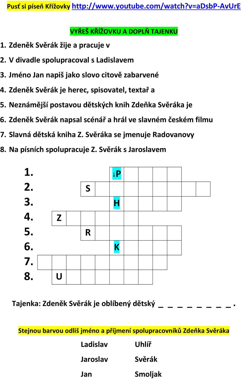 Neznámější postavou dětských knih Zdeňka Svěráka je 6. Zdeněk Svěrák napsal scénář a hrál ve slavném českém filmu 7. Slavná dětská kniha Z.