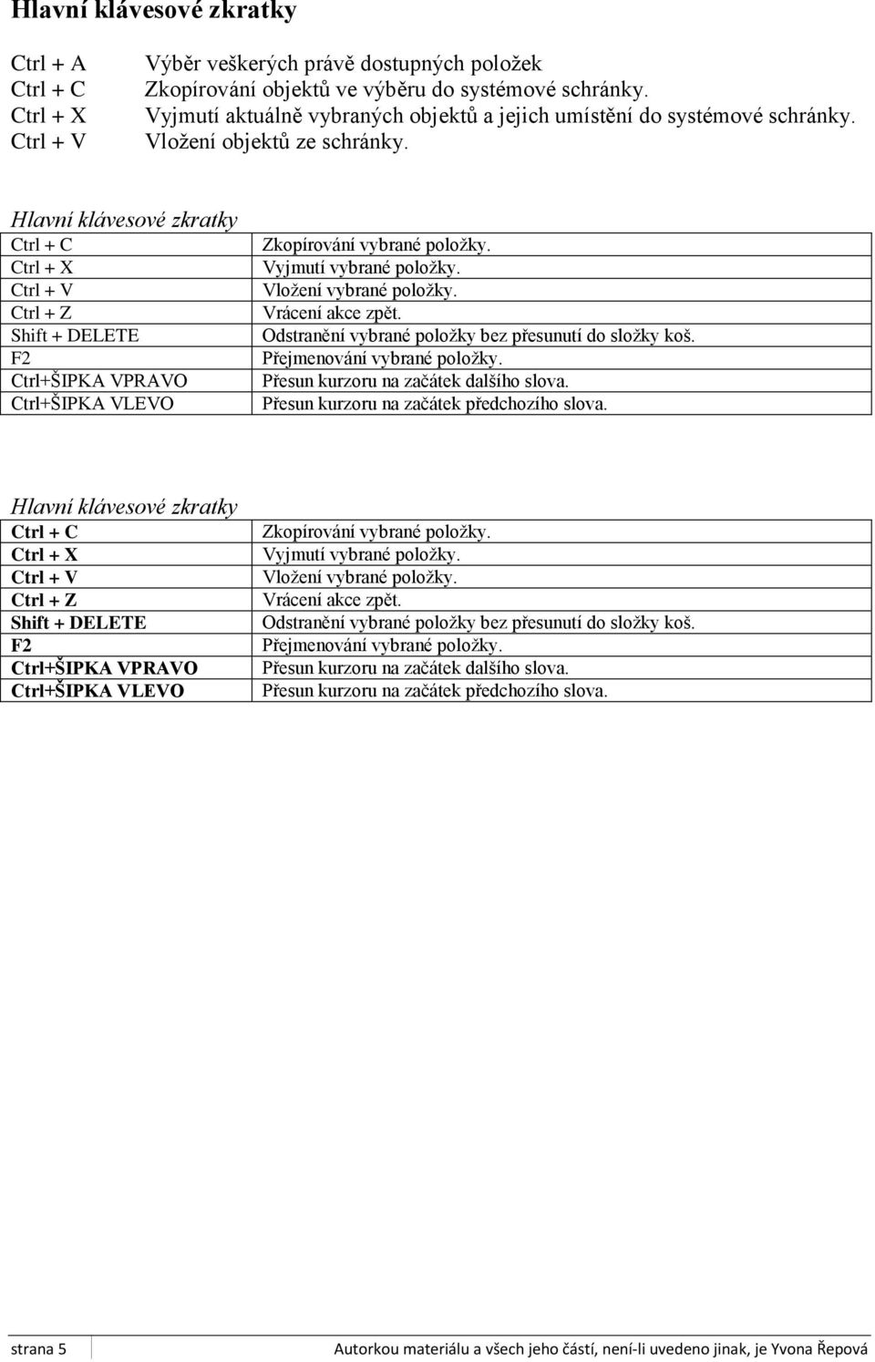 Hlavní klávesové zkratky Ctrl + Z Shift + DELETE F2 Ctrl+ŠIPKA VPRAVO Ctrl+ŠIPKA VLEVO Zkopírování vybrané položky. Vyjmutí vybrané položky. Vložení vybrané položky. Vrácení akce zpět.