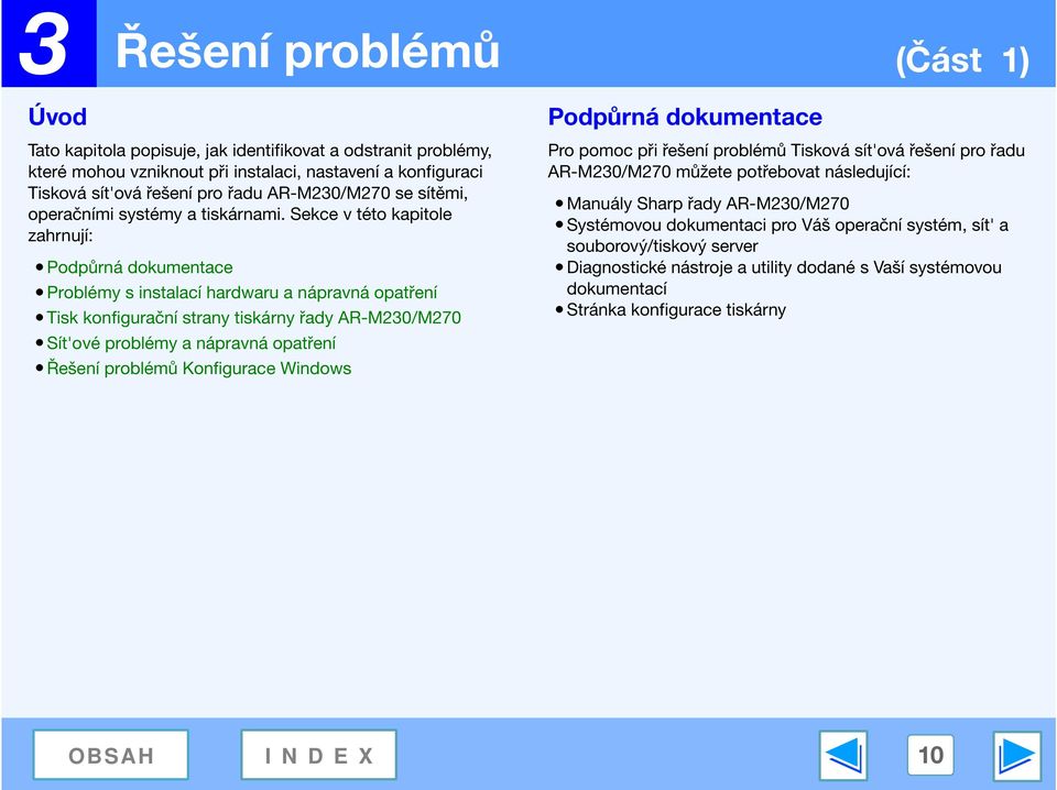 Sekce v této kapitole zahrnují: Podpůrná dokumentace Problémy s instalací hardwaru a nápravná opatření Tisk konfigurační strany tiskárny řady AR-M230/M270 Pro pomoc při řešení problémů Tisková