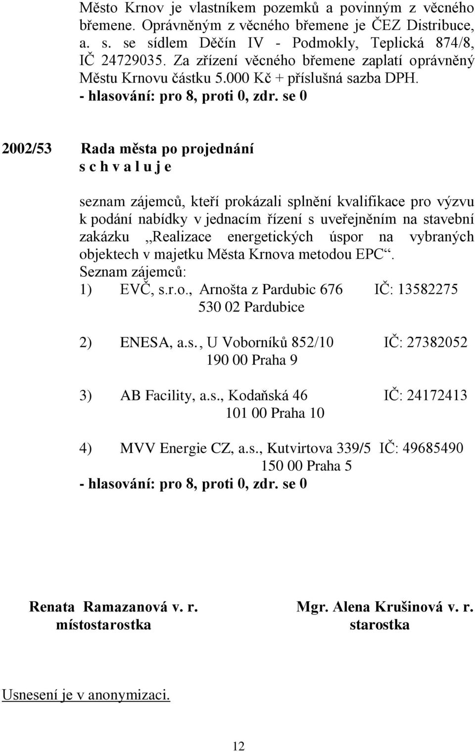 2002/53 Rada města po projednání seznam zájemců, kteří prokázali splnění kvalifikace pro výzvu k podání nabídky v jednacím řízení s uveřejněním na stavební zakázku Realizace energetických úspor na