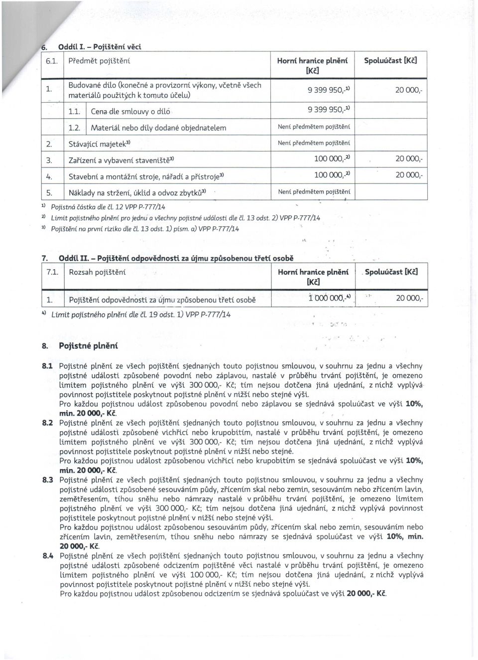 štěni 2. Stávající majetek 3 ) Neni předmětem poji.štěni 3. Zan.zení a vybavení staveniště 3 ) 100 000,-2) 20000,' 4. Stavební a montážní stroje, nářadí a přístroje 3 ) 100 000,-2) 20000, 5.