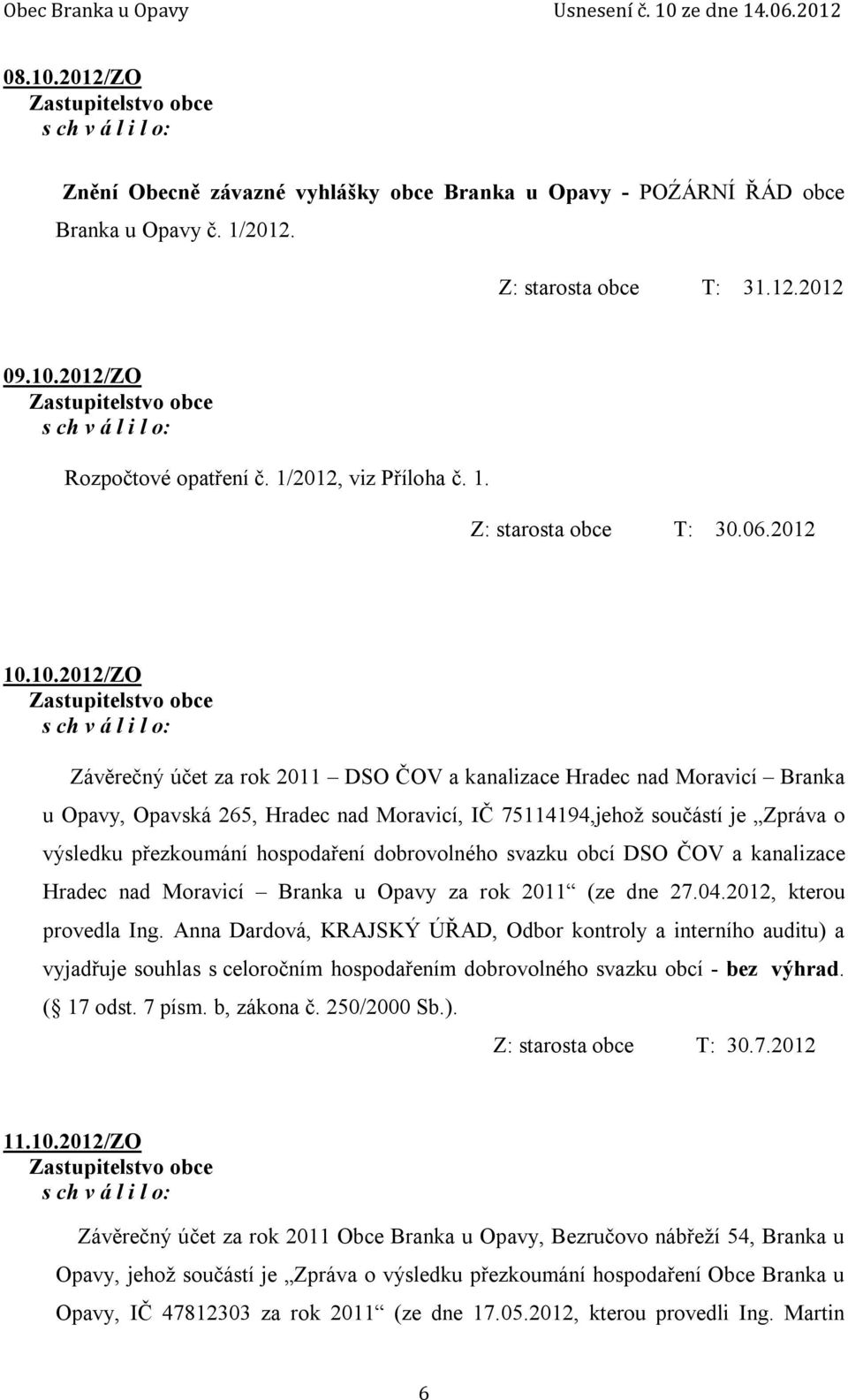 10.2012/ZO Závěrečný účet za rok 2011 DSO ČOV a kanalizace Hradec nad Moravicí Branka u Opavy, Opavská 265, Hradec nad Moravicí, IČ 75114194,jehož součástí je Zpráva o výsledku přezkoumání