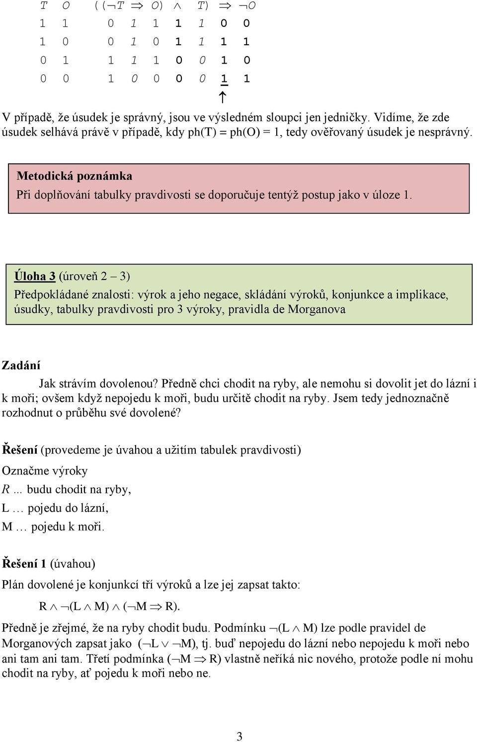 Úloha 3 (úroveň 2 3) Předpokládané znalosti: výrok a jeho negace, skládání výroků, konjunkce a implikace, úsudky, tabulky pravdivosti pro 3 výroky, pravidla de Morganova Jak strávím dovolenou?