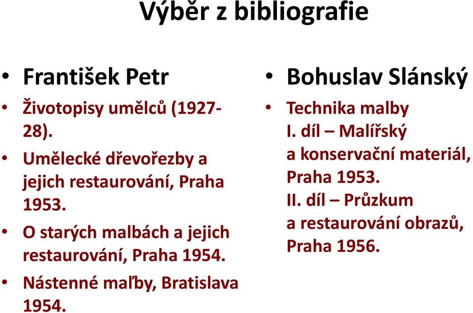 O starých malbách a jejich restaurování, Praha 1954. Nástenné maľby, Bratislava 1954.