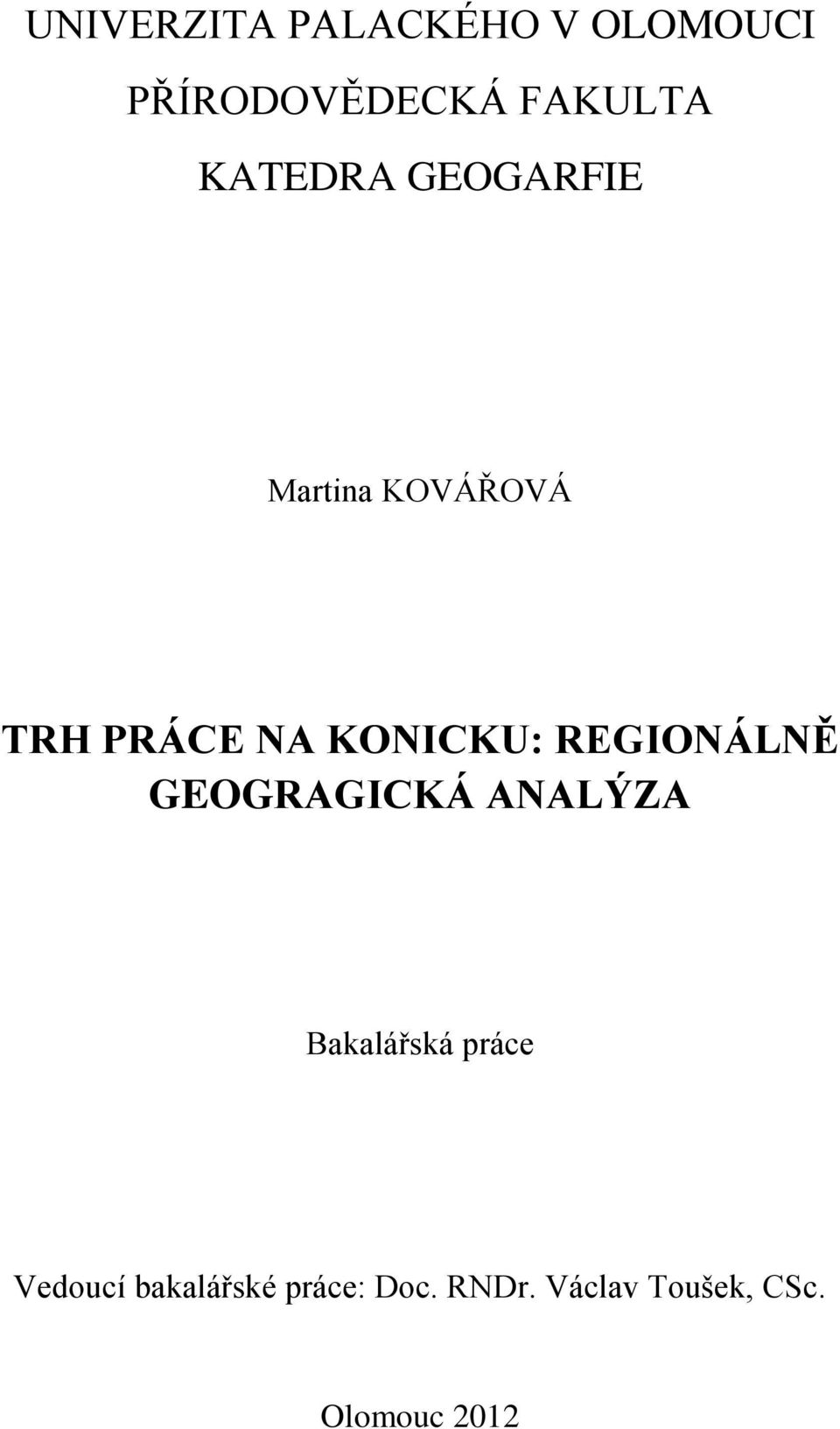 REGIONÁLNĚ GEOGRAGICKÁ ANALÝZA Bakalářská práce Vedoucí