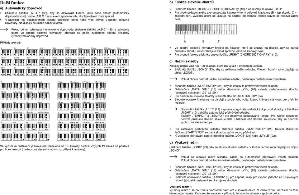 b) Funkce slovníku akordů Stiskněte tlačítko RIGHT (CHORD DICTIONARY) (10) a na displeji se ukáže DICT.