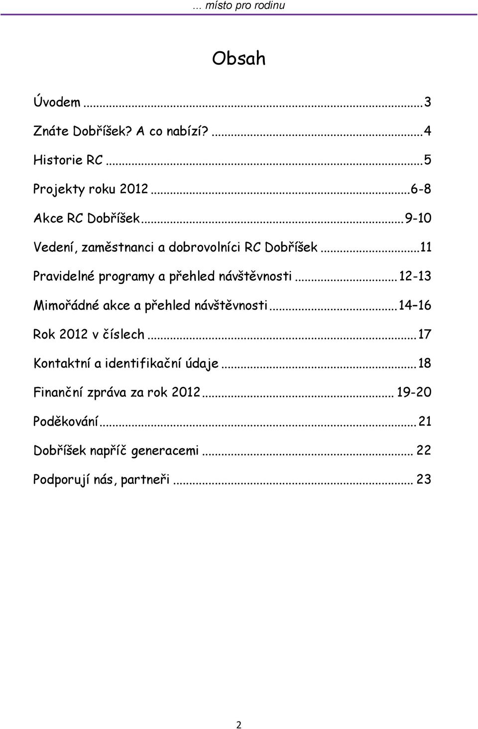 .. 12-13 Mimořádné akce a přehled návštěvnosti... 14 16 Rok 2012 v číslech... 17 Kontaktní a identifikační údaje.