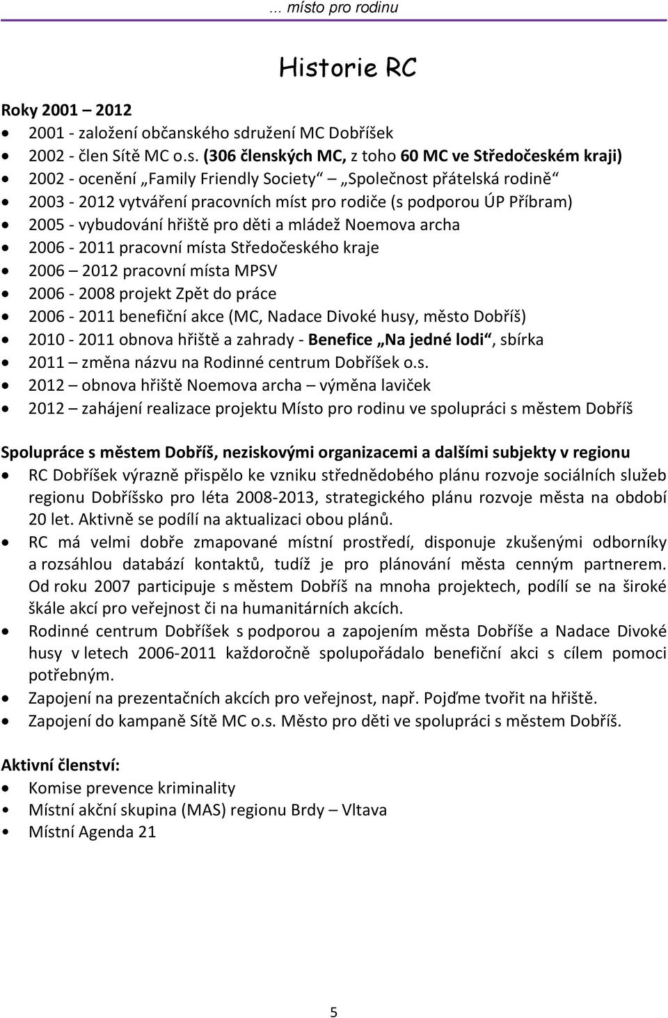 kraje 2006 2012 pracovní místa MPSV 2006-2008 projekt Zpět do práce 2006-2011 benefiční akce (MC, Nadace Divoké husy, město Dobříš) 2010-2011 obnova hřiště a zahrady - Benefice Na jedné lodi, sbírka