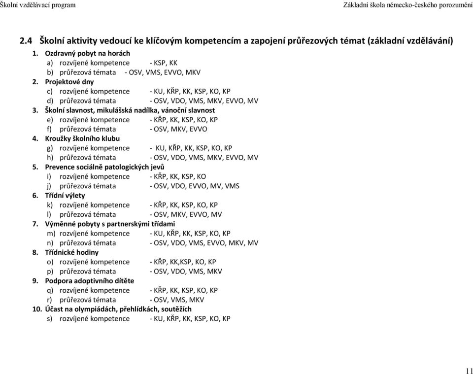 Projektové dny c) rozvíjené kompetence - KU, KŘP, KK, KSP, KO, KP d) průřezová témata - OSV, VDO, VMS, MKV, EVVO, MV 3.